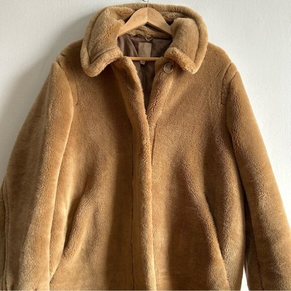 H&M Sz M Tan Brown Long Relaxed Button Front Faux Fur Coat - Picture 4 of 15